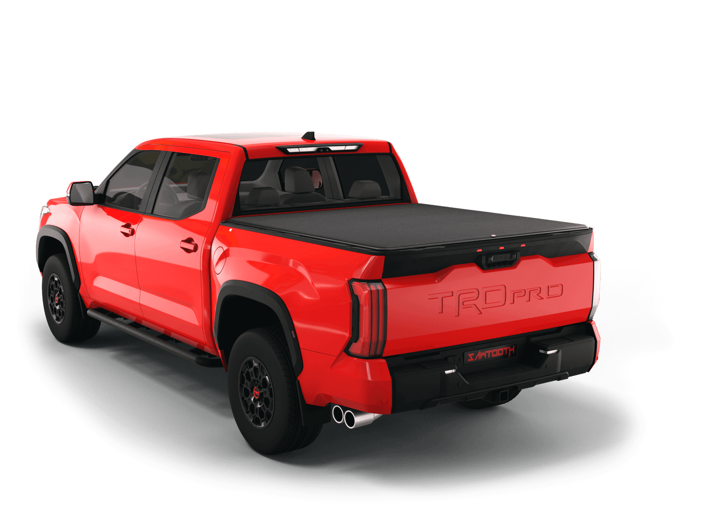 Red Toyota Tundra with flat Sawtooth Stretch expandable tonneau cover